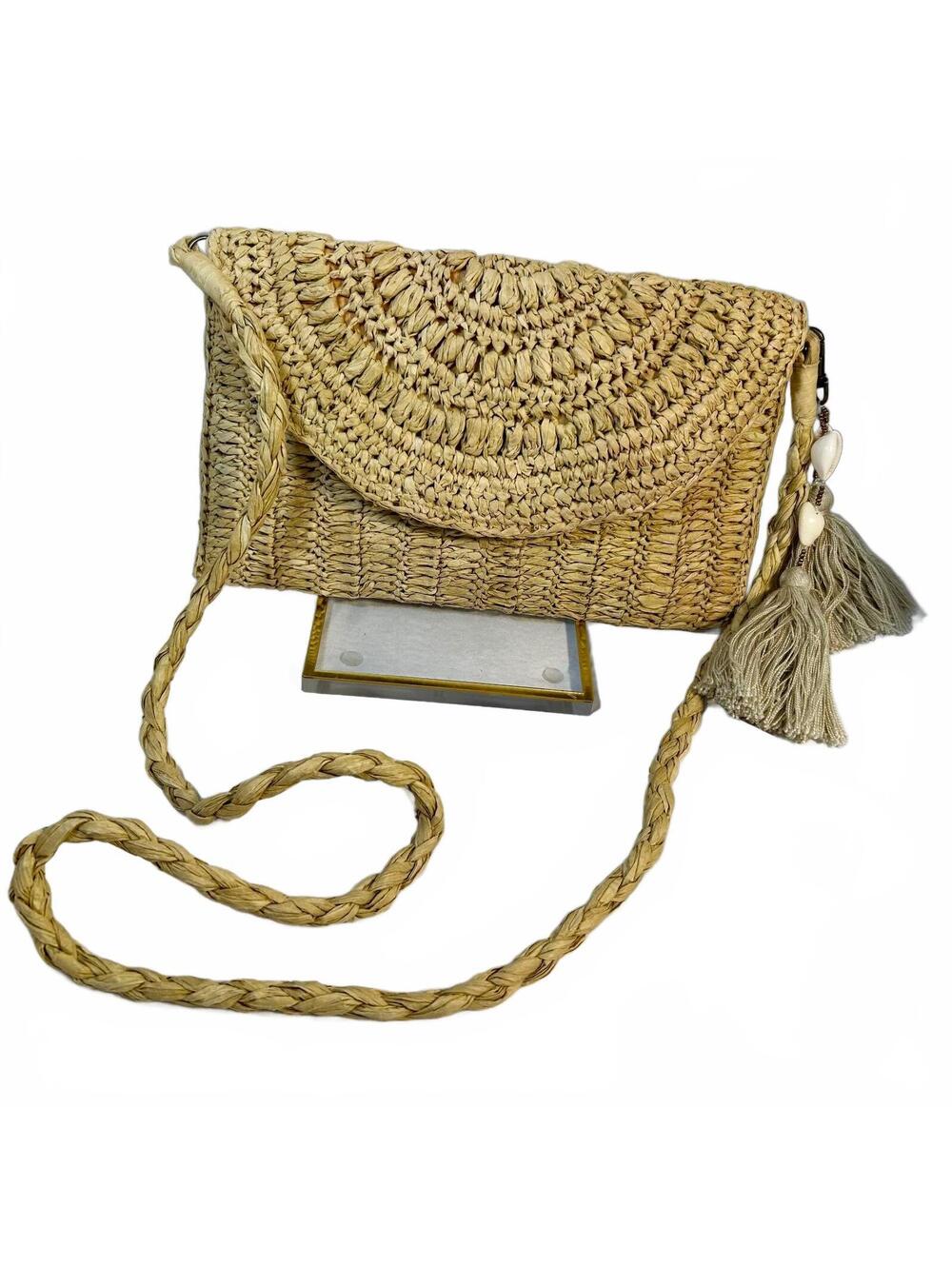 J Jill Raffia Straw Crossbody Bag Shell Tassels Boho Coastal Beach Purse